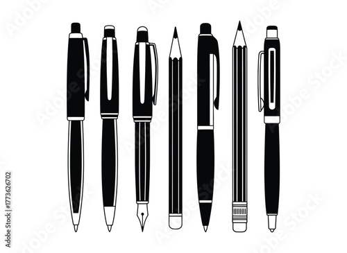 Collection of diverse writing instruments including pens and pencils