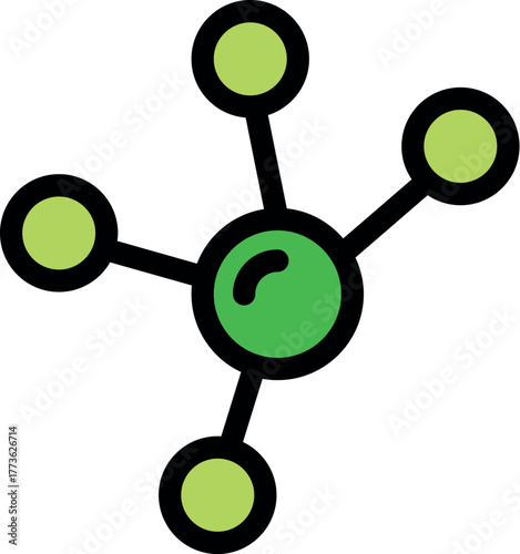 Scientific illustration of a green molecule connecting four atoms, symbolizing chemical bonds and molecular structure