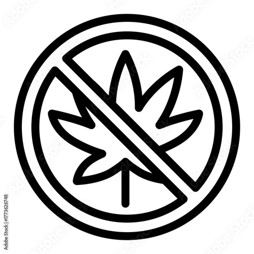 Hemp plant ban line icon, dangers of smoking concept. Vector graphics. Prohibited item sign on white background, style icon mobile or web design.