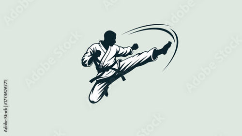 Silhouette of a karate practitioner in mid air performing a kick with motion lines around the leg