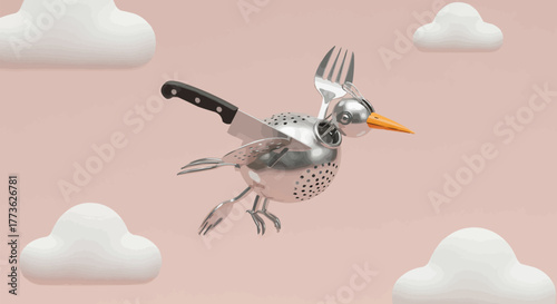 A surreal flight of fantasy featuring a metallic bird crafted from kitchen cutlery soaring through a dreamy pink sky