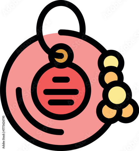 Pink circular lucky charm with hanging spheres, representing fortune and prosperity in chinese culture