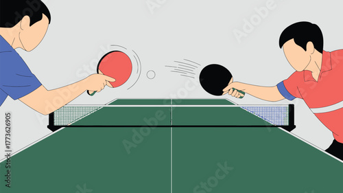Illustration of two people playing table tennis with a ball in motion over the net on a green table