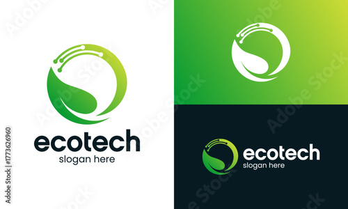 Eco tech logo design. Technology connections concept vector design with nature leaf symbol graphic icon