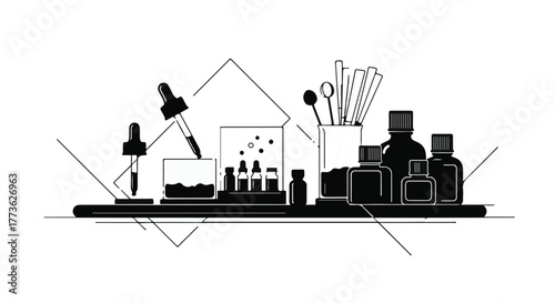 Scientific laboratory equipment and tools arranged for research and analysis