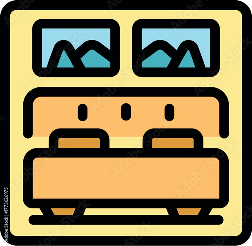 Cozy double bed positioned beneath mountain landscape pictures, creating a relaxing hotel room atmosphere