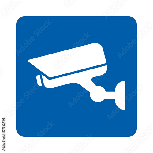 Security camera icon on blue, video surveillance CCTV sign. Surveillance camera, monitoring, home safety protection system. Fixed CCTV security camera icon vector template design. EPS 10.