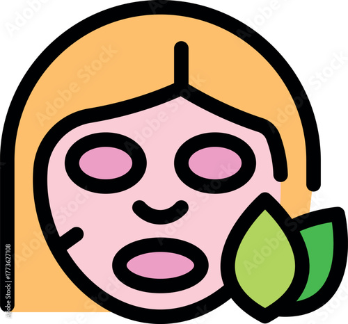 Blonde woman wearing a pink cosmetic facial mask with natural and organic green leaves ingredients