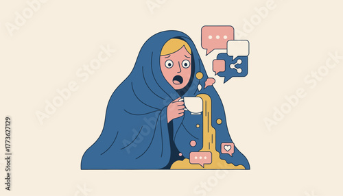A character draped in a blanket sipping tea as an embodiment of the phrase spilling the tea in reaction to meme gossip.