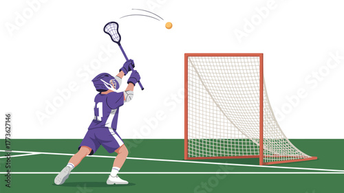 A lacrosse player in purple uniform shooting the ball towards the goal on a green field area view