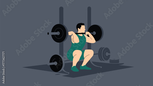 Illustration of a man doing a squat with a barbell in a gym with weightlifting equipment shown