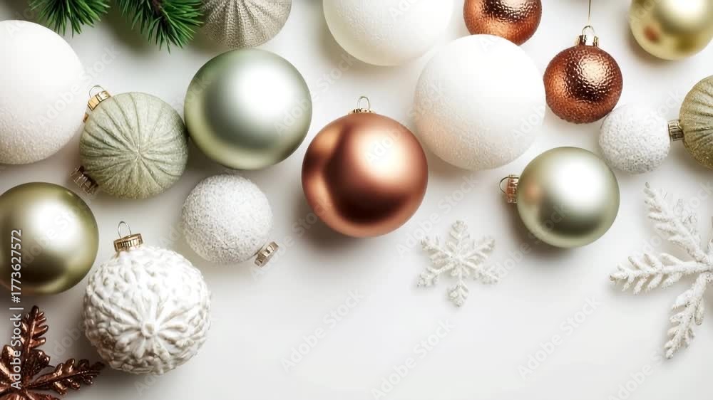 Christmas baubles and decorative snowflakes forming a simple winter holiday border, copy space