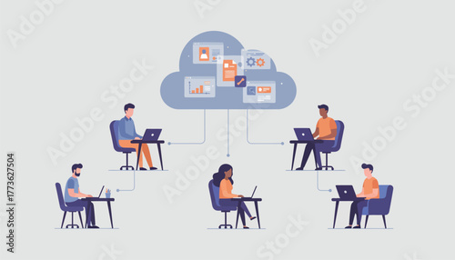 A group of diverse individuals collaborating remotely with holographic files and virtual tools shared above them in a digital cloud.