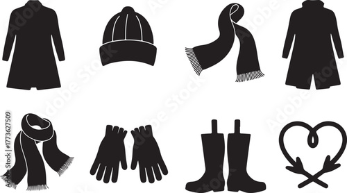 Collection of Silhouette Winter Clothing Icons Representing Warm Apparel for Cold Weather Season