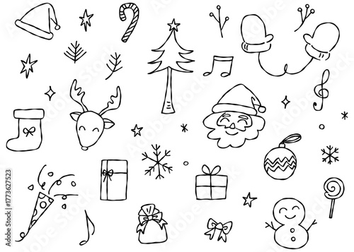 クリスマスのデコレーション素材セット、手書き