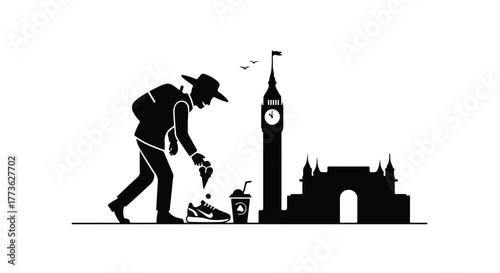 Silhouette of a traveler enjoying a snack with iconic city landmarks in the background