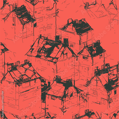 A vector illustration featuring hand-drawn silhouettes of houses in the old city quarter on a red coral background. Suitable for interior prints and scenes in an urban vintage style.