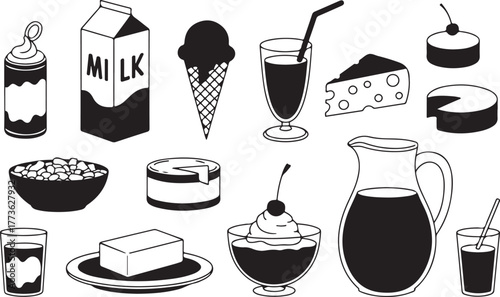 Milk Dairy Ice Cream Desserts Drinks and Sweets Food Black Line Art Illustration