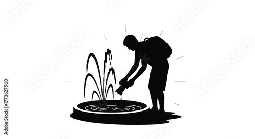 Silhouette of a traveler filling water bottle at a public fountain