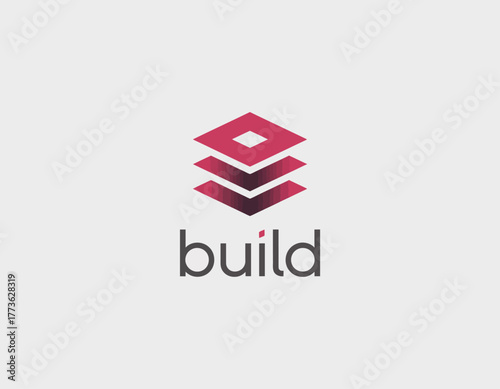 This design features stacked layers in a bold style, perfect for a construction or architecture brand, symbolizing strength, stability, and modern approach to building.