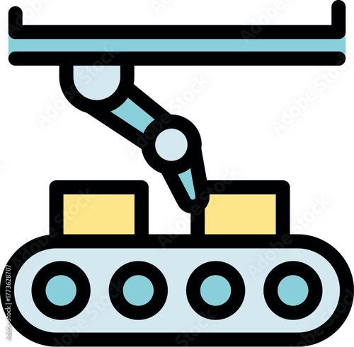 Robotic arm efficiently moving boxes on a conveyor belt, symbolizing automated production