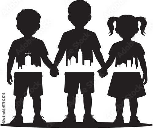 Kids Holding Hands with Cityscape Silhouette Children Unity Urban Future Concept