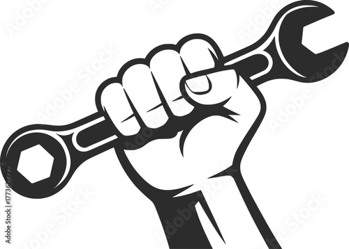 Fist Holding Wrench Vector, Mechanic Hand Tool Illustration.