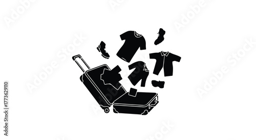Open suitcase with clothes flying out, ready for a journey or unpacking