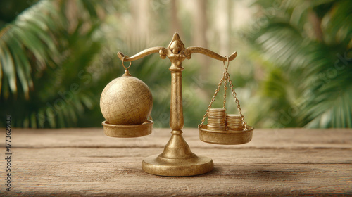 Vintage brass balance scale featuring globe on one side and stack of coins on other, symbolizing balance between knowledge and wealth
