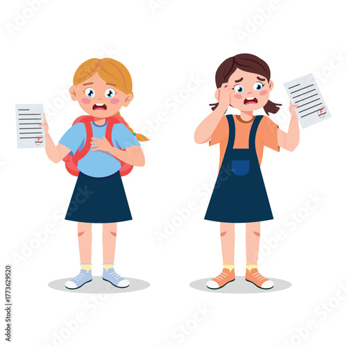 Vector illustration of upset girls getting bad grades. Cartoon scene of unhappy schoolgirls standing with briefcase, holding papers with unsatisfactory grades for exams isolated on white background.