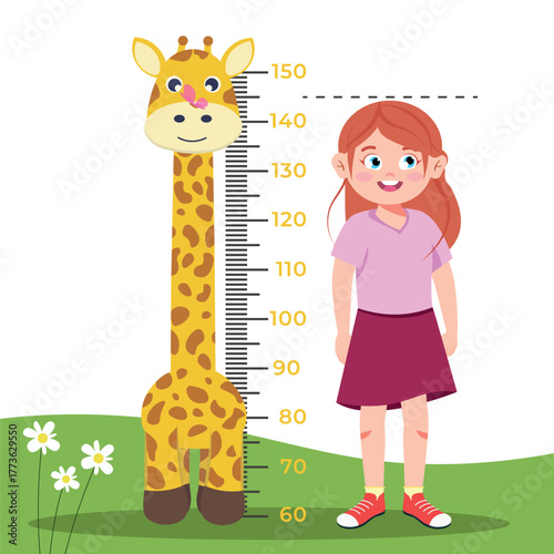 Vector illustration of measuring height of a little girl. Cartoon scene of smiling girl standing near ruler for measuring height, grass, flowers isolated on white background. Giraffe height gauge.