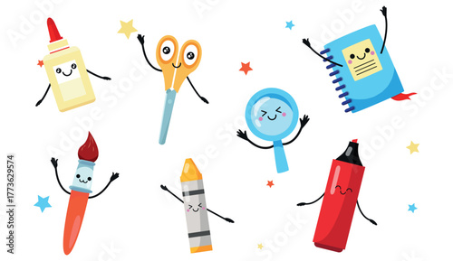 Set of funny kawaii stationery in cartoon style. Vector illustration cute characters with emotions: glue, scissors, notebook, magnifying glass, paintbrush, marker, pencil isolated on white background.