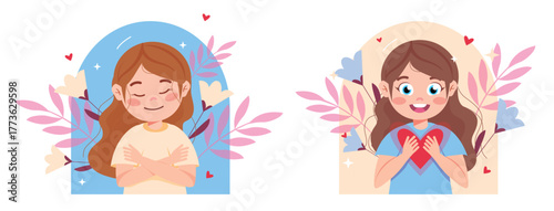 Vector illustration of self-love, positive emotions. Cartoon scene of cute smiling girls: hugging herself, holding red heart in hands, flowers, leaves, isolated on white background. Self-care.
