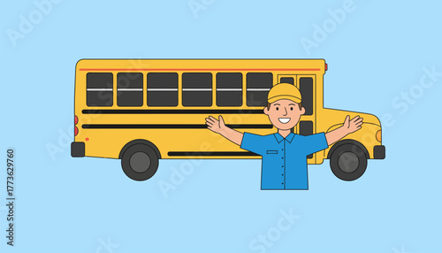 A cheerful bus driver ready to greet students at the school bus stop with a colorful school bus parked in the background.