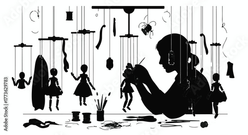 Silhouette of a person crafting marionette puppets, surrounded by hanging figures and tools.