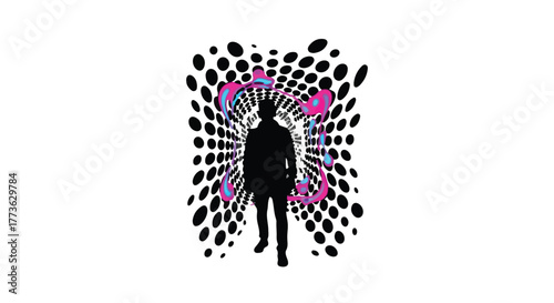 Silhouette of a person stepping into a vibrant, abstract portal of light and dots