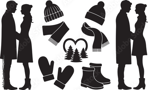 A Romantic Couple Embracing Amidst Winter's Cold with Festive Holiday Icons for Seasonal Design Projects