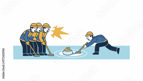 A curling team huddles together shouting strategy while a teammate slides a stone towards a target on the ice.