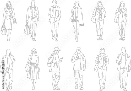 Collection of stylized black and white outline figures of people in various poses and styles representing diversity and individuality in a clean design