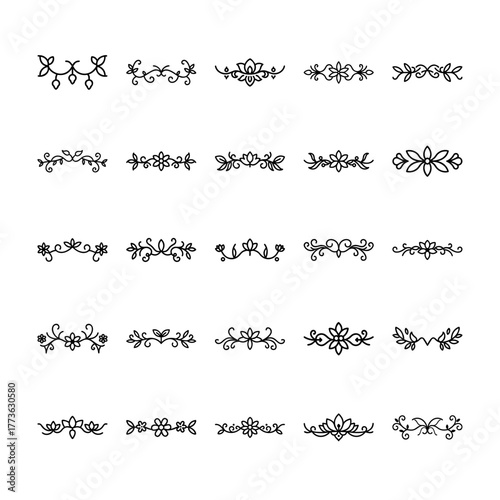 Assortment of elegant floral and flourish dividers and ornaments in a black outline style, , ideal for text separation and decorative accents