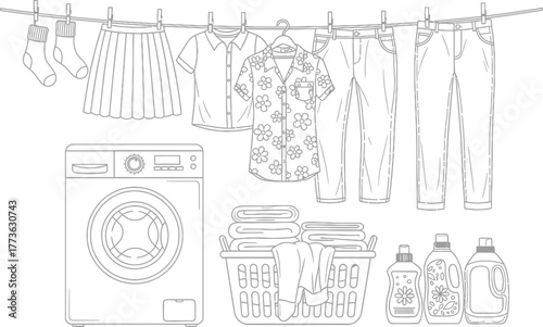 Black and white line drawing of laundry drying on a clothesline next to a washing machine and folded clothes