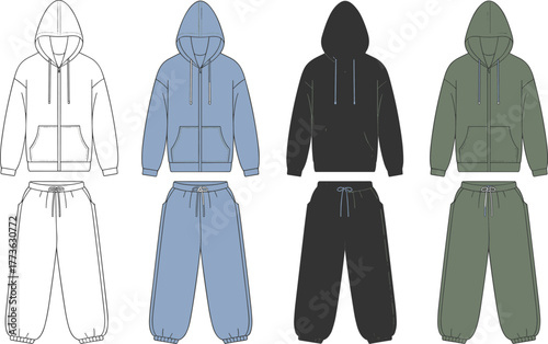 Hoodie, sweatpants, tracksuit, fashion flat sketch, CAD drawing, vector template, apparel design, unisex clothing, sportswear, casual wear, illustration