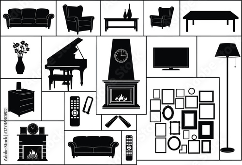 Collection of silhouette icons representing various furniture and home decor items for interior design and lifestyle concepts