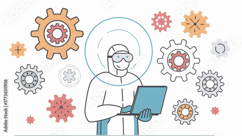 Scientist in hazmat suit working on laptop surrounded by gears and medical symbol