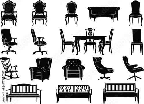 Collection of silhouette furniture icons including chairs sofas tables and benches for interior design