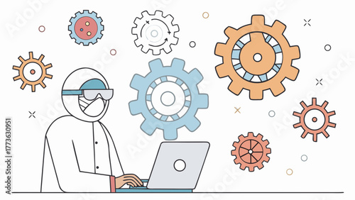 Creative illustration of a person in protective gear working on a laptop surrounded by interlocking gears and abstract shapes