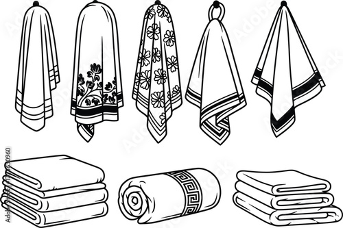 Collection of hand drawn sketches of various folded and hanging towels and textiles with decorative patterns
