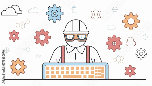 Cartoon engineer with protective gear and keyboard surrounded by gears and clouds representing technology and innovation