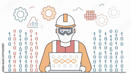 A digital worker in protective gear uses a laptop surrounded by binary code and industrial gears symbolizing technology and industry
