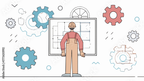 Engineer reviews blueprint surrounded by gears and technical drawings symbolizing innovation and construction